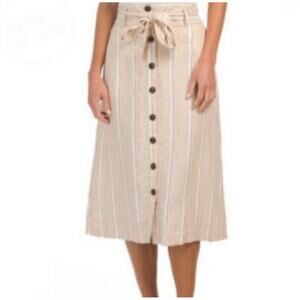 Rachel Zoe 100% linen striped  belted button up midi skirt size Small